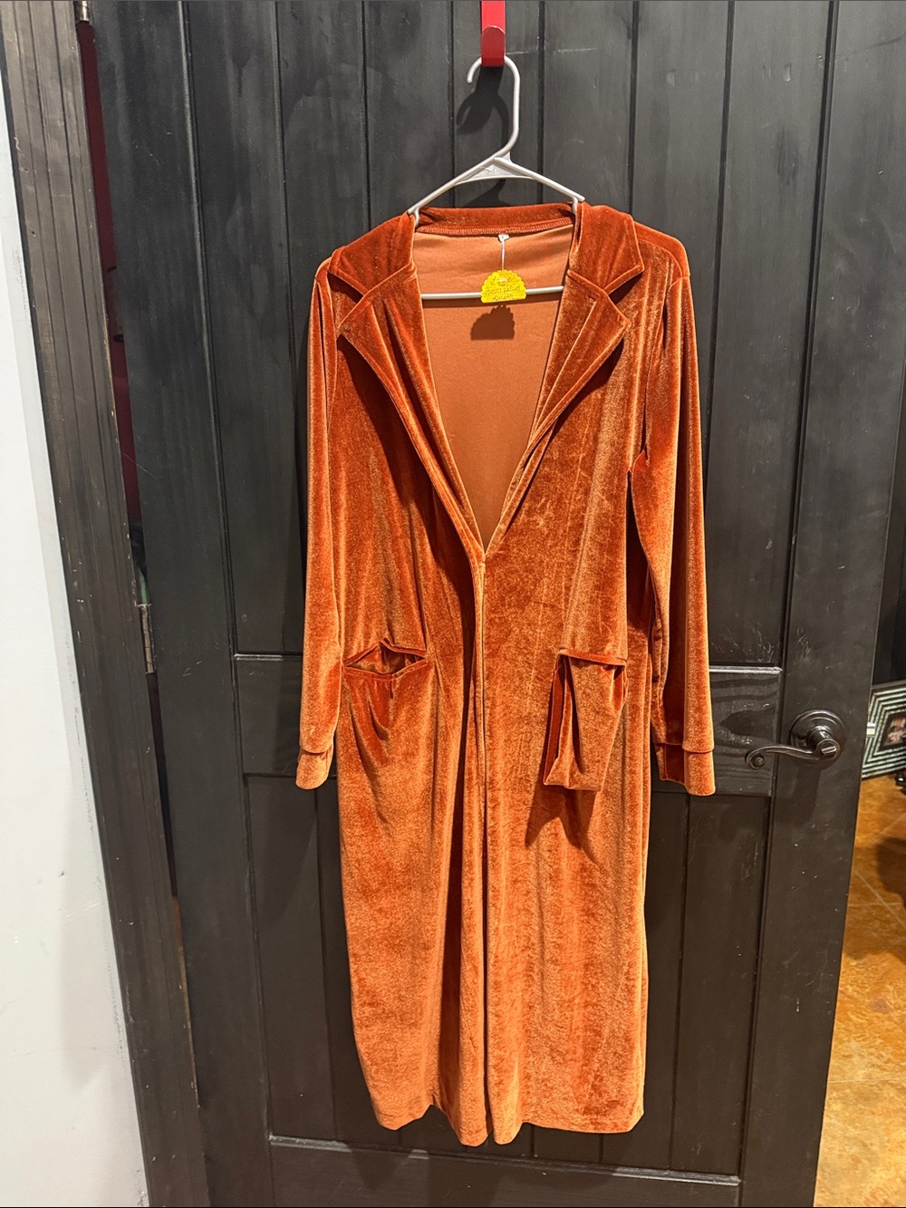 Long Velvet Open-Front Coatigan in Rust Orange